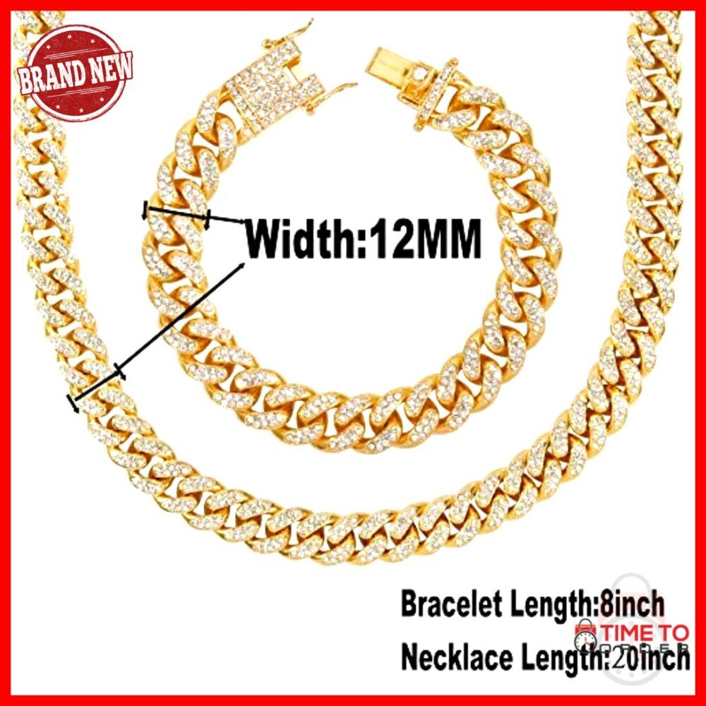 18K Gold Plated Cuban Link Chain Set 12/14/20mm Necklace Bracelet - Picture 2 of 7